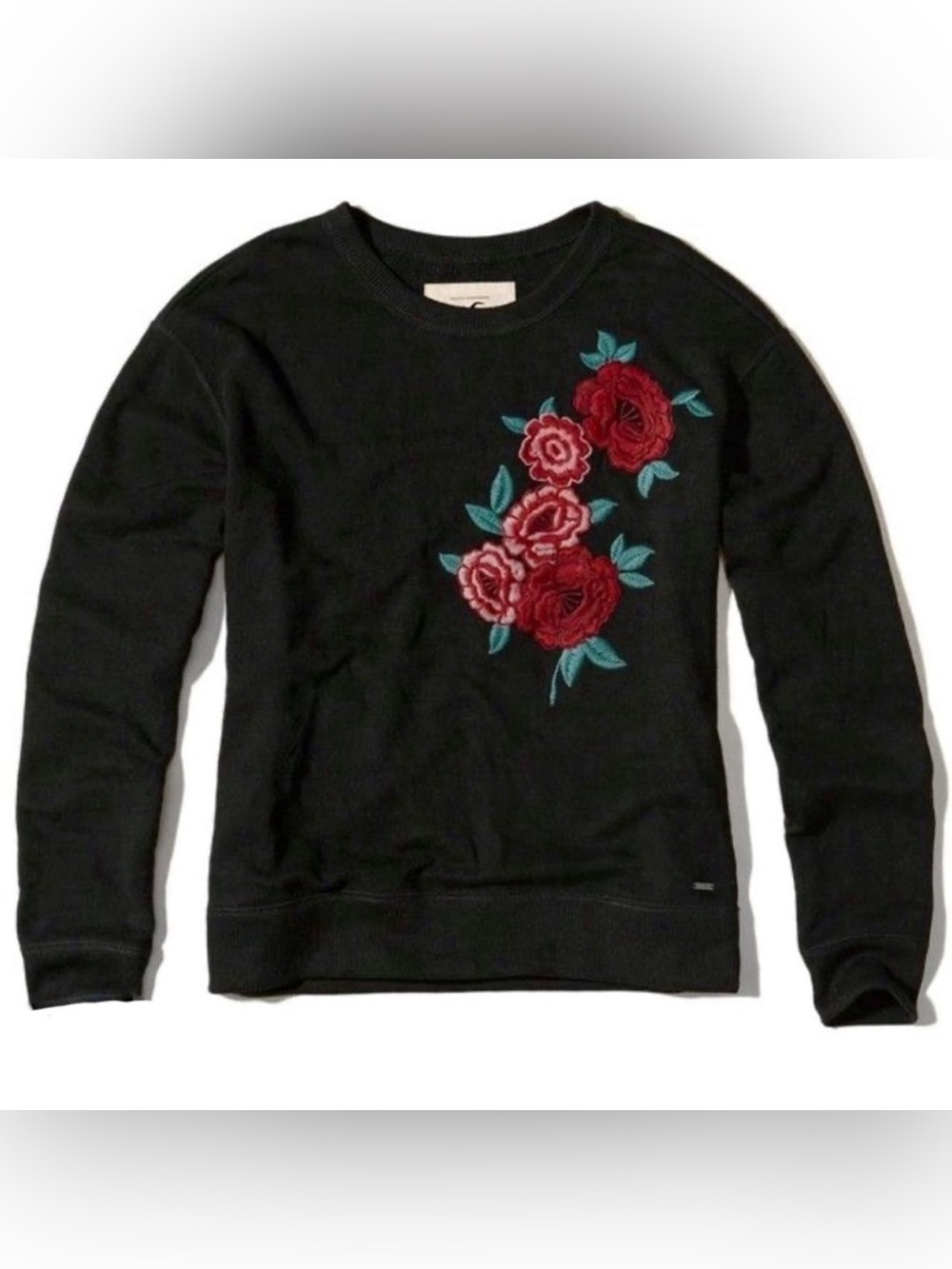 Hollister Black Crewneck Sweatshirt with Red Floral Embroidery Small